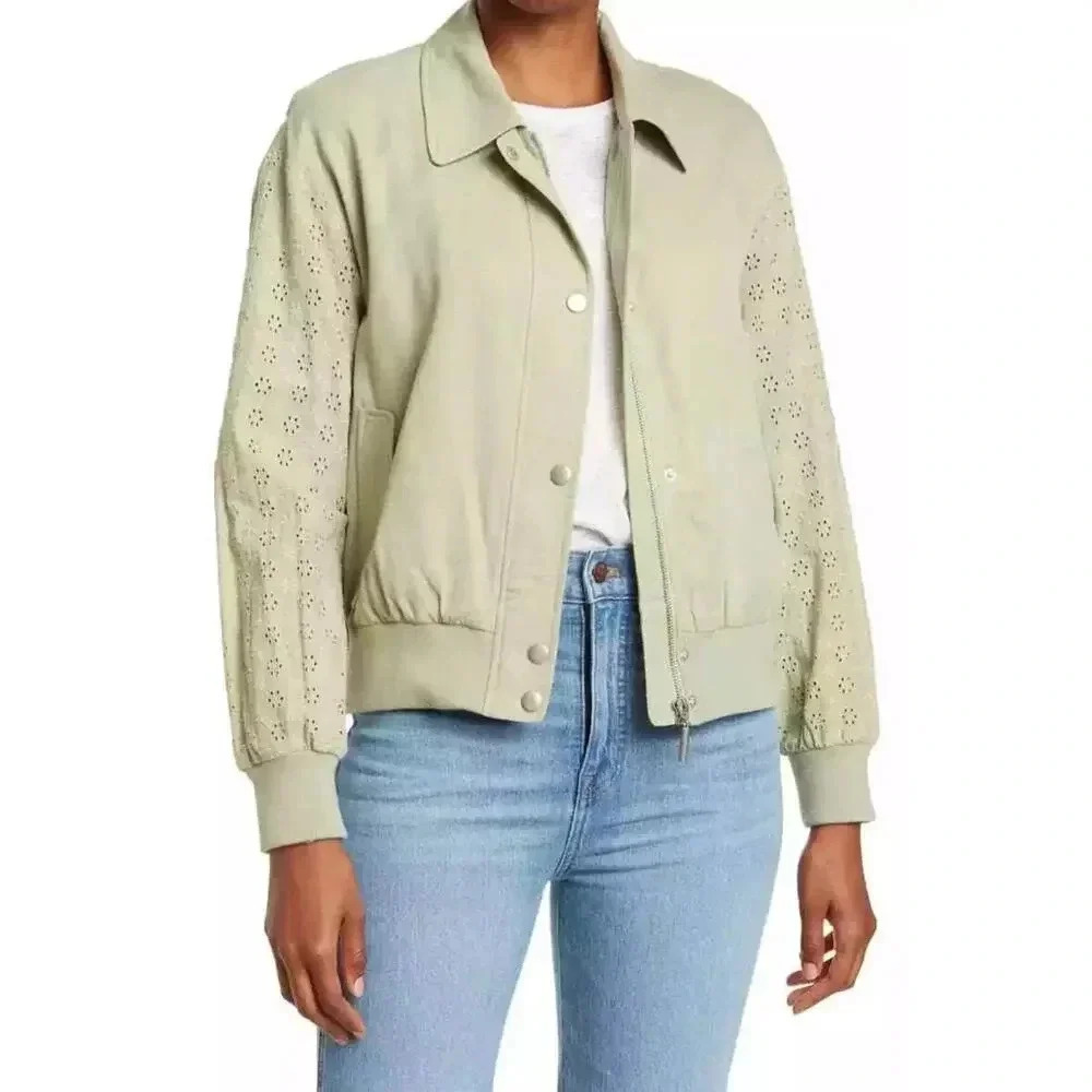 New 7 for All Mankind Embroidered Eyelet Sleeve Bomber Jacket Green Size M.
